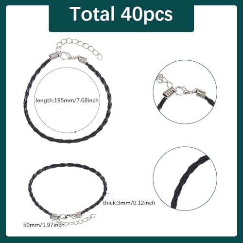 40Pcs Bracelet Cords with Clasp Bracelet Cord Bulk Black 3mm Braided Imitation Leather Lace Plaited Trendy Iron Clasp Extended Chains Ropes Accessory for Jewelry Making Bracelets DIY Crafts