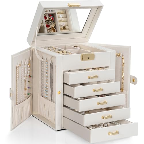 TORIBIO Large Jewelry Box for Women, Leather Jewelry Organizer with Mirror & Lock, 6-Tier Jewelry Storage Case for Girls/Women/Mothers, Necklace Earring Bracelets Holder Organizer - color: White + Gold, size: 6 Layer