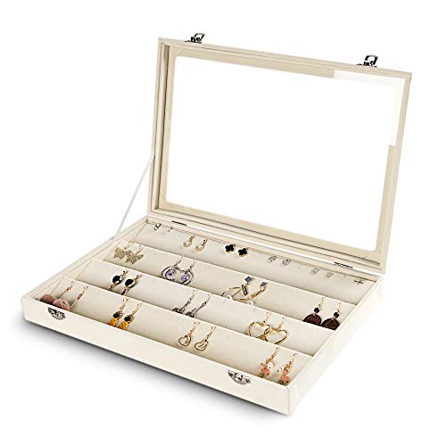 Frebeauty Earring Organizer Tray with Clear Lid 64 Slots Velvet Drawer Insert Earring Storage box with Transparent Glass lid Jewelry Display Case Store Showcase Gifts for Women(Beige, Earrings) - color: Beige, size: 64 Slots