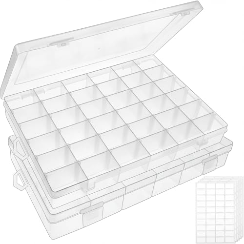 OUTUXED 2 Pack 36 Grids Clear Plastic Bead Organizer Box, Fishing Tackle Box Compartment Organizer with Adjustable Dividers for Jewelry, Art Craft, Bead Storage Containers with 5 Sheets Label Stickers - color: 2 Pack