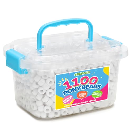Pony Beads 1100+ Pcs – White Plastic Kandi Beads in Jar for Bracelets, Hair Braids, Jewelry Making & DIY Crafts - color: White