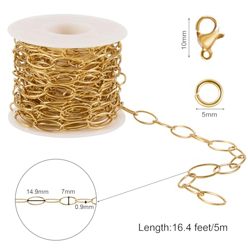 SMYHTGLIF 16.4 Feet Gold Round Wire Paperclip Jewelry Making Chains Roll Stainless Steel Chain Bulk for Jewelry Making - color: Ellipse Gold