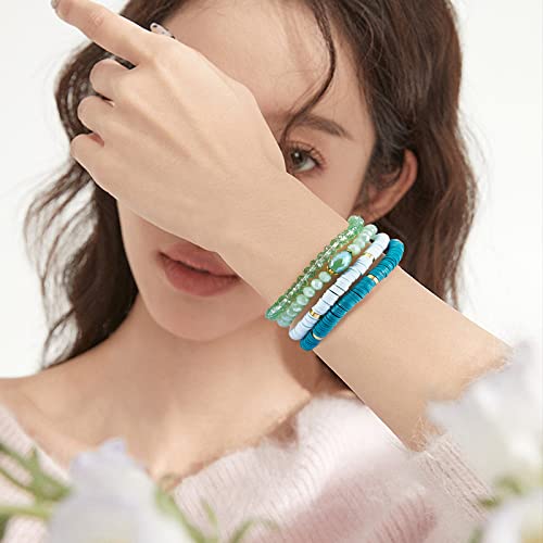 Ornaland 7Pcs Handmade Polymer Clay Heishi Surfer Stretch Bracelets Set Colorful Glass Beads Bracelets Boho Stackable Preppy Bracelets Wrist Jewelry for Women - color: Green