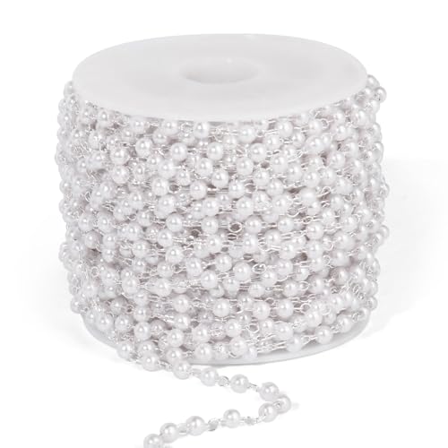 33 Feet Silver Pearl Beads Chains Roll, 4mm Faux Pearls Beaded Silver Plated Brass Cable Link Chain Spool Bulk for Jewelry Making DIY Craft - color: 4.0MM Silver Color