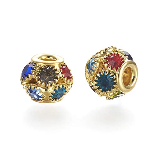 Craftdady 30Pcs Colorful Rhinestone Disco Ball Beads 14mm Large Hole Rondelle European Loose Beads Golden Brass Spacer Beads for Bracelet Necklace Earring Craft Making - color: Golden&Colorful-14x12mm