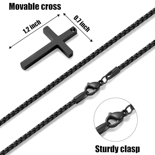 Fiusem Cross Necklace for Men, Silver/Gold/Black Mens Cross Necklaces with 2.5mm Cross Chain and Stainless Steel Cross Pendant, Box Chain 16-24 Inch, Jewelry Gift - size: 26.0 Inches, style: Small Black cross: 1.2" * 0.7"