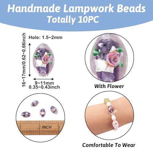 Elecrelive 10Pcs Oval Flower Glass Beads 16mm Silver Foil Lampwork Beads Purple Floral Crystals for DIY Bracelet Necklace Earring Jewelry Making - color: Medium Purple
