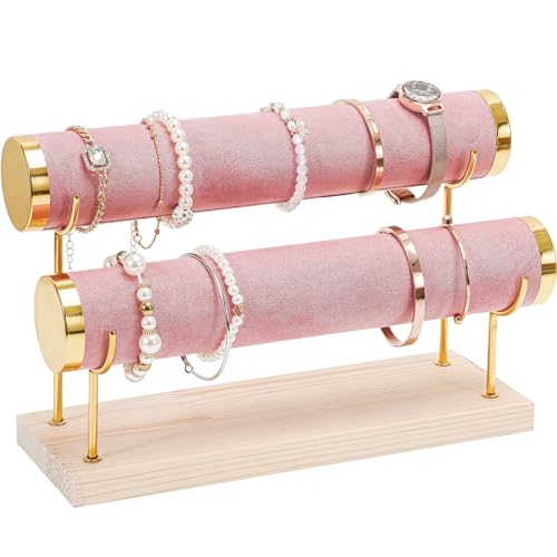 ProCase Bracelet Holder Display Bracelet Organizer Stand, Gold Detachable Bangle Storage Rack for Selling, Velvet Wrap Watch Holder with Wooden Base for Women Girls, Business Supplies - 2 Tier, Pink - color: Pink, size: 2 Tier