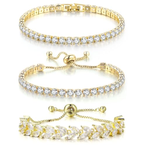 3PCS Tennis Bracelets for Women Set - Stackable Gold & Silver Plated Brass - Round & Marquise Cubic Zirconia - Adjustable & Foldover Clasp - Elegant Jewelry Gift for Her, Mom, Wife, Girlfriend - color: Gold - 3PCS Bracelet Set