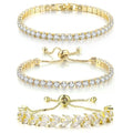 3PCS Tennis Bracelets for Women Set - Stackable Gold & Silver Plated Brass - Round & Marquise Cubic Zirconia - Adjustable & Foldover Clasp - Elegant Jewelry Gift for Her, Mom, Wife, Girlfriend - color: Gold - 3PCS Bracelet Set