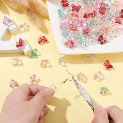 Ipotkitt 100 Pcs 5 Colors Baking Paint Glass Butterfly Charms with Glitter Powder Colorful Crystal Animal Charms for Earrings Bracelets Necklace DIY Craft Jewelry Making - color: 100pcs-Butterfly Charms-12x14x5.5mm