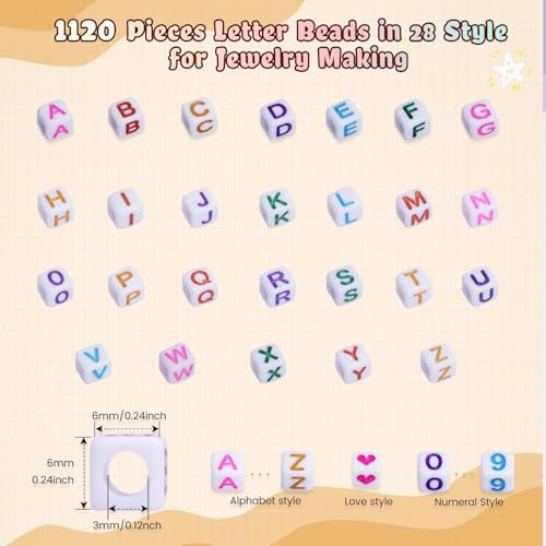 FZIIVQU 1120Pcs Acrylic Square Letter Bead, 6x6mm Letter Bead A-Z with Color Number Bead Color Love Cube Bead Jewelry Making, DIY Necklace, Key Chain, Friendship Bracelet