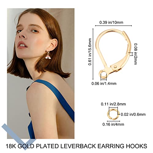 Beebeecraft 1 Box 20Pcs Leverback Earring Findings 18K Gold Plated French Earring Hooks 15.6x10mm Ear Wire Clip Earring Connector with 20Pcs Open Jump Rings for Jewelry Making - color: Gold Leverback Earring