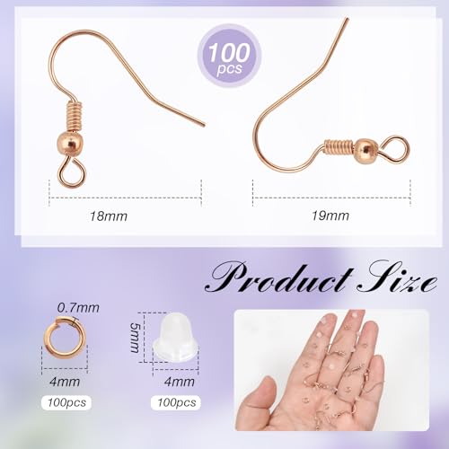 TOAOB 300pcs Earring Hooks Kits Rose Gold French Ear Wires with Ball and Coil 18mm Fish Hook Earring Making Supplies with Jump Rings and Clear Silicone Ear Backs for DIY Jewelry Findings - color: Rose gold