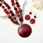 Layered Beads Statement Fashion Necklace Chunky Jewelry Set Big Colorful Glass Stone Circle Shell Pendant Choker Necklace and Earring Set for Women - color: burgundy