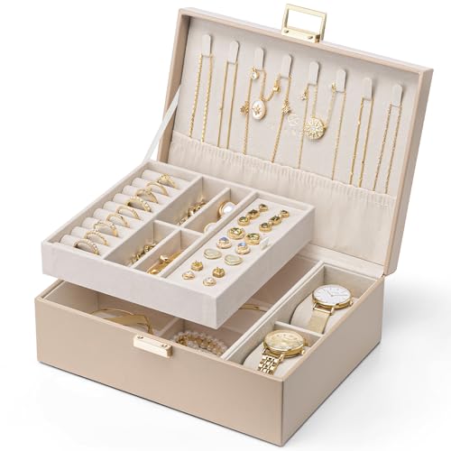 VLANDO Jewelry Organizer,2 Layer Jewelry Box Large Jewelry Organizer for Women Removable Jewelery Tray with Watch Pillow for Necklace Earrings Rings Bracelets (Toffee) - color: Toffee-Watch Pillow