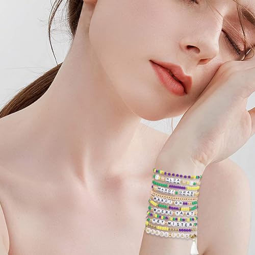 12pcs Halloween Heishi Beaded Bracelets for Women-Spooky Ghost & Pumpkin Party Favors Boho Stackable Polymer Clay Bead- Stretch Friendship Bracelet Set - style: Mardi Gras 1