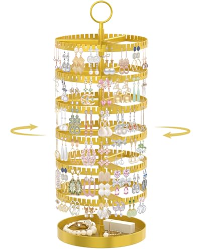 iDavosic.ly 6 Tier Rotating Earring Holder Organizer with Metal Tray, Adjustable Plastic Dangle Display Stands Tree with 342 Grooves, Large Hoop Storage Rack Tower, Gold - color: Gold, size: 6 Tiers