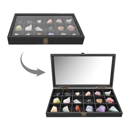 MOOCA Wooden Jewelry Display Case with Tempered Glass Lid & 18 Compartments Tray, Rock Collection Box, Crystal Display Case, Black Color - color: Black