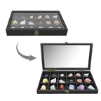 MOOCA Wooden Jewelry Display Case with Tempered Glass Lid & 18 Compartments Tray, Rock Collection Box, Crystal Display Case, Black Color - color: Black