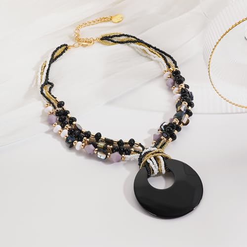 Coiris Shell Pendant Statement Strand Necklace for Women Boho Multi Beads Natural Stone Colorful Necklace Bohemian Handmade Chunky Shell Beaded Collar Jewelry for Women - color: Black