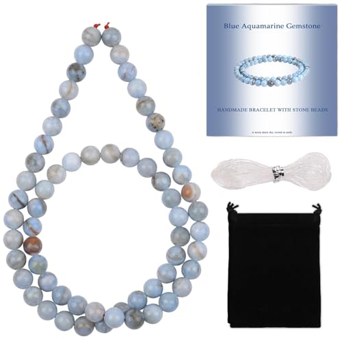 Stone Beads, 60pcs Blue Aquamarine Gemstone, 6mm Round Loose Beads for Jewelry Making, Bracelets, with Bag, String & Card - color: Blue Aquamarine, size: 6mm
