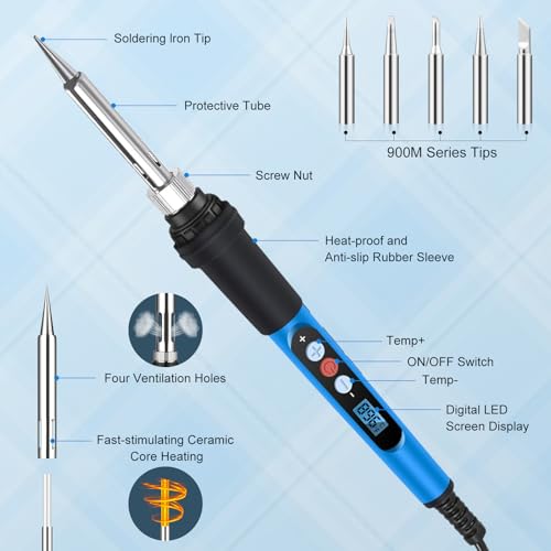 Soldering Iron Kit, 90W 110V Fast Heat up LCD Digital Soldering Gun kit with Ceramic Heater, 10 in 1 Adjustable Temperature Soldering Kit with Automatic Sleep Mode - color: Blue