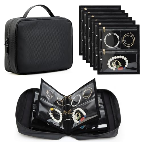 Travel Jewelry Organizer Case, Jewelry Storage Bag with 6-Pack Ring Binder, Clear Zipper Velvet Pouches for Traveling, Storing Jewellery, Earrings, Rings, Necklace, Bracelet (Black) - color: Black