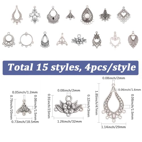 60Pcs 15 Styles Earring Chandelier Charms Filigree Charm Pendant Links Tibetan Antique Silver Vintage Hollow Teardrop Metal Earring Component Connectors Loops for Jewelry Making Findings