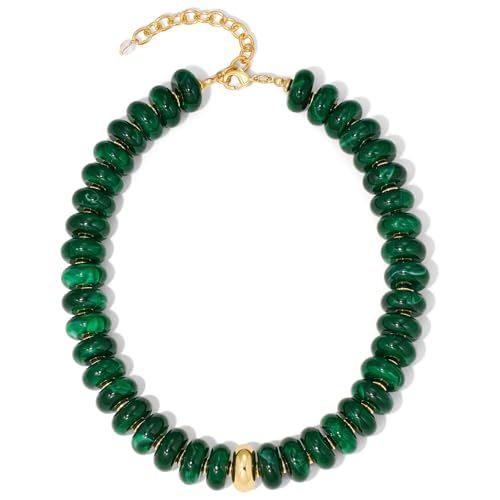Mothers Day Gifts Chunky Beaded Choker Necklace for Women Statement Necklace with Gold Accent Adjustable Beach Summer Jewelry Trendy Boho Necklaces in Multiple Colors y2k Jewelry - color: Ink Green