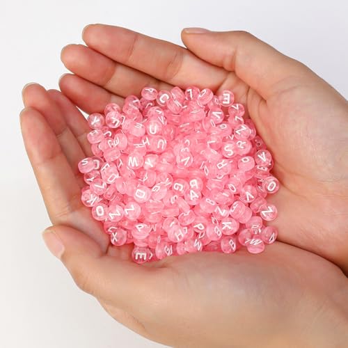 1200pcs 4×7mm Alphabet Beads Transparent Pink Round Acrylic White Letter Beads, for Bracelets and Jewelry Making - color: style 17, size: 4×7mm(Round)