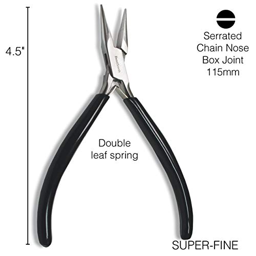The Beadsmith Chain Nose Pliers – Serrated – Extra Fine Tips – 4.5 inches (114mm) – PVC Grip Handle with Double Leaf Springs – Jewelry Making Tool for Creating Bracelets, Earrings and Necklaces - style: Serrated Chain nose