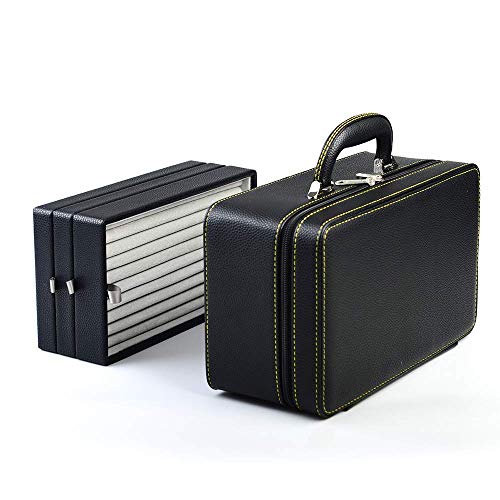 Oirlv Black Leather Jewelry Box Handmade Travel Jewelry Organizer Storage Case Holder For Girl Lady Earring,Ring,Necklace,Pendant,Watch,Bracelet.(3 layers) - color: Black