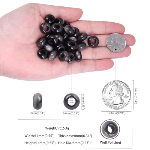 TUMBEELLUWA Natural Gemstone Beads for Jewelry Making, Rondelle Large Hole Loose Beads Pack of 15,Silver Sheen Obsidian(8x14mm) - color: Black