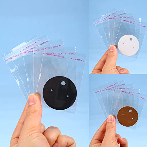 XXUOD 600 Pieces Display Cards Set, 150 Round Cardboard Earring Holder With 150 Self-Seal Bags and 300 Backs for Ear Studs - 3 Colors