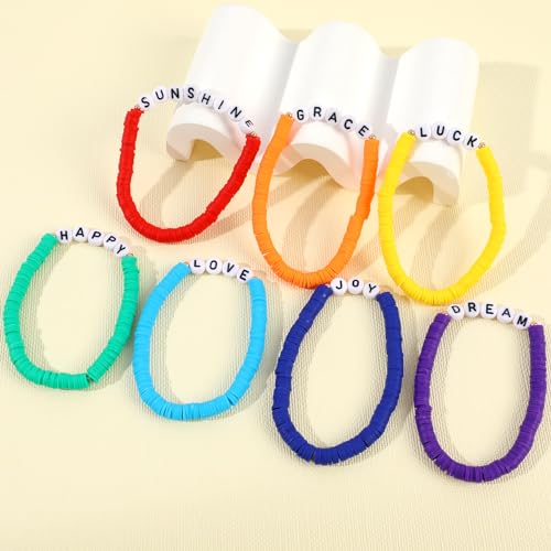 Rainbow Heishi Surfer Bracelets Set for Women Stackable Clay Beaded Bracelets Disc Stretch Preppy Bracelets Layering Colorful Friendship Bracelets Team Cheer Bulk Boho Summer Beach Jewelry Gift - style: LUCK