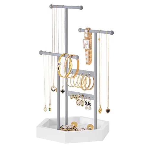 SONGMICS Jewelry Holder, Jewelry Organizer, 3 Tiers and 1 Tray, Jewelry Display Stand with Metal Frame, Necklace Earring Bracelet Holder, for Rings, Dove Gray and Cloud White UJJS003G01 - color: Dove Gray + Cloud White, size: 1 Pack