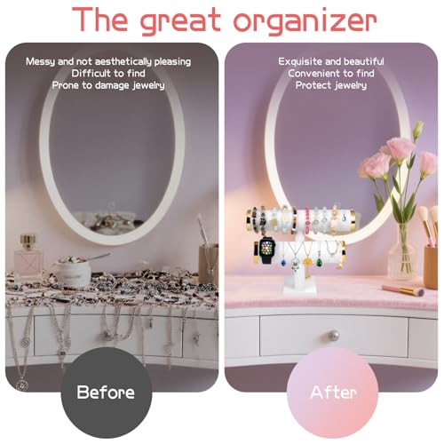 Two-layer T-shaped jewelry organizer, made of textured PU leather, suitable for displaying and organizing bracelets, bangles, and watches. (White and gold) - color: White faux leather