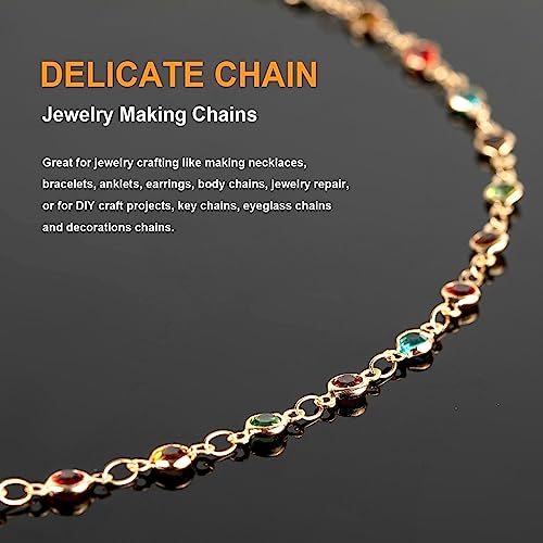 KYUNHOO 5M Colorful Crystal Rhinestones Jewelry Chain Link Gold Plated Brass Chain Bulk for Women Necklace Making Jewelry Supplies DIY Handcrafts with Lobster Clasps and Jump Rings - color: Colorful Bead-Gold