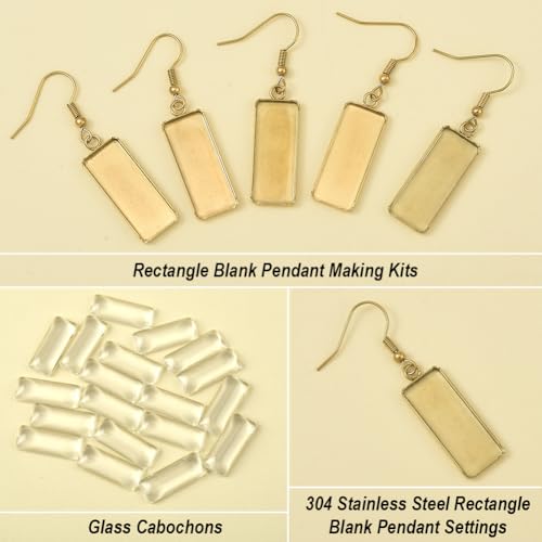 1 Box 60Pcs 20 Sets Earring Blank Tray Bezel Set Earring Blanks 10x25mm Rectangle Pendant Trays with Glass Cabochons Settings Silicone Ear Backs for Jewelry Making Supplies DIY Dangle Charms - style: Style 5
