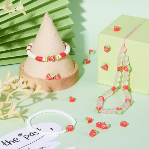 50PCS Handmade Polymer Clay Beads Strawberry Shape Red Loose Beads Fruit Theme Spacer Beads for DIY Bracelet Necklace Earring Charm Jewelry Making Hole 1.6mm - color: Strawberry # Red