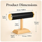 Jewelry Display T-Bar Stand – Elegant Black PU Leather & Natural Oak Wood Base, Space-Saving Organizer for Bracelets, Watches & Bangles - color: Round PU Black