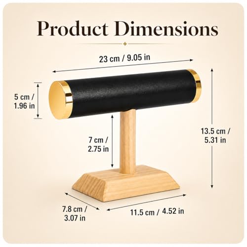 Jewelry Display T-Bar Stand – Elegant Black PU Leather & Natural Oak Wood Base, Space-Saving Organizer for Bracelets, Watches & Bangles - color: Round PU Black