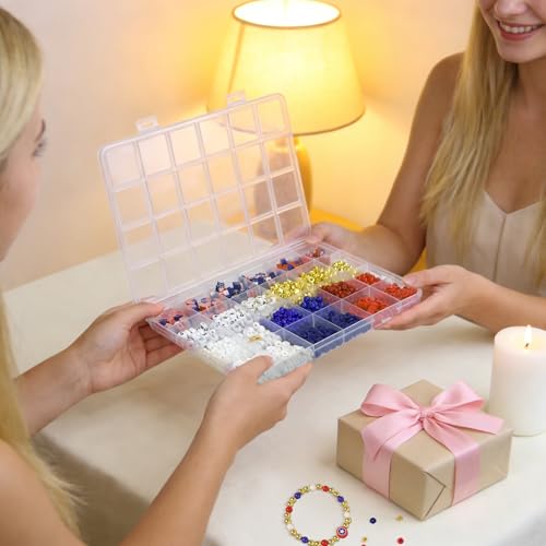 YXFEIR 2480pcs Clay Beads & Charms Jewelry Making Kit, 4th of July White Red Blue Beads Bracelet with Clay Beads Glass Seed Beads, Patriotic-Themed Bracelet Making Kit with Letter Beads and Charms