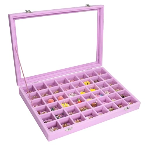 Vicoter Velvet Jewelry Tray 48 Compartments Jewelry Display Organizer with Transparent Cover Rings, Earrings, Necklaces, Pendants Storage Box for Girls, Wives, Mothers, Women - color: Pink, size: 48 Grid