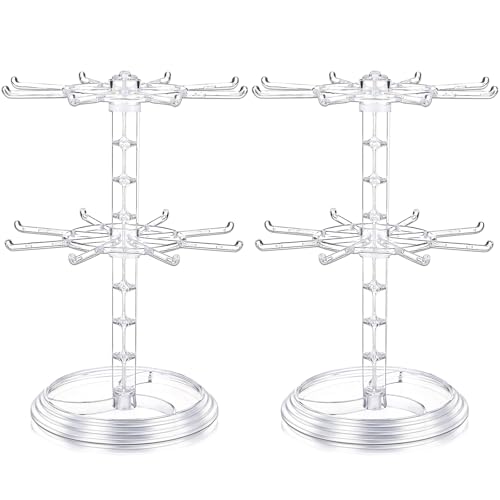 2 Pack Keychain Display Stand Rotating Jewelry 2 Tier Necklace Holder Plastic Spinning Bracelet Hanging Organizer Rotating Rack Earring Bracelet Stands for Vendors Malls Counter Dressing Table - color: Clear