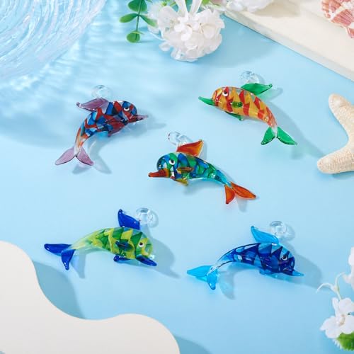 FASHEWELRY 5Pcs Large Lampwork Dolphin Charms Cute Glass Ocean Animals Penadants Rainbow Cartoon Sea Fish Charms for DIY Bracelet Jewelry Making - color: Multicolor Big Dolphin