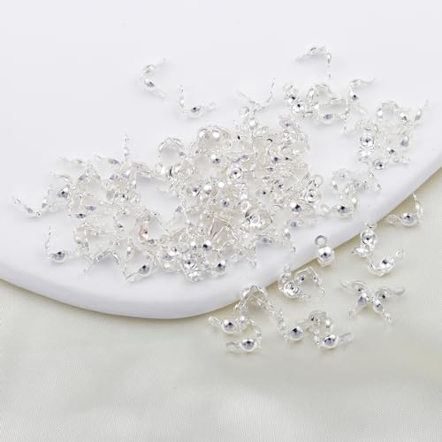 100 Pcs 925 Silver Crimp Beads for Jewelry Making - 4mm Crimp Bead Covers, Knot Covers for Jewelry Making, Knot Covers Clamshell Fold-Over Bead Covers for DIY Bracelets Necklaces - color: Silver