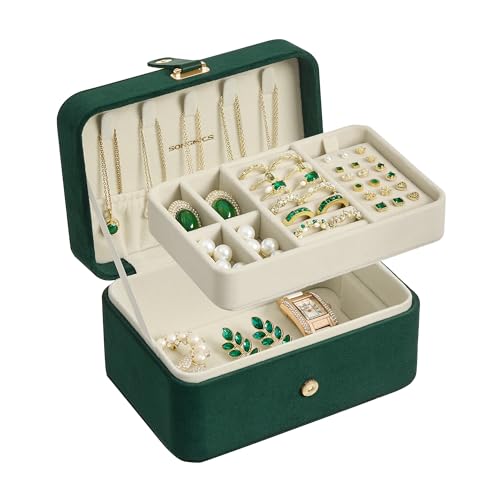 SONGMICS Jewelry Organizer Box, Travel Jewelry Case, 2-Layer Travel Case for Earrings, Necklaces, Bracelets - Portable Jewelry Storage with Large Capacity, Gift Idea, Retro Green UJBC166C04 - color: Retro Green