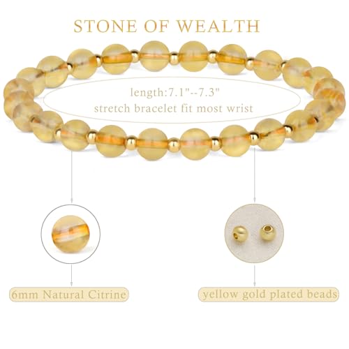 QOGIR 14k gold Handmade Healing Bracelet, Natural Gem Stone Crystal Elastic Gold Bracelet - color: Citrine - Wealth, size: 6m